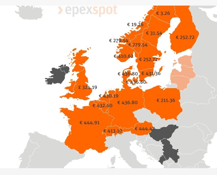 Karta över Europa som visar olika elpriser i euro för olika länder och regioner.