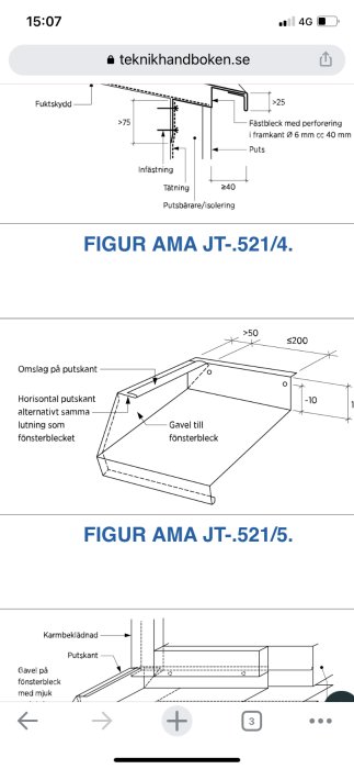 Illustrationer som visar rätt montering av fönsterbleck enligt AMA-standarden, med detaljmarkeringar och måttangivelser.