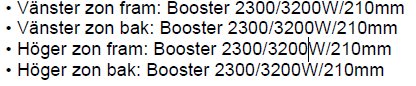 Tabell med information om effekt och storlek för spiszoner, varje zon listar "Booster 2300/3200W/210mm".