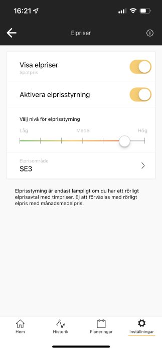 Skärmdump visar inställningar i en app för elpriser med aktiverade glidreglage och elprisområde SE3.