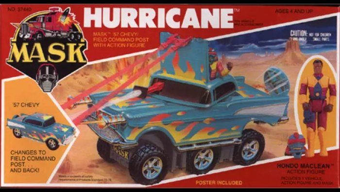 Förpackning av leksaksbil '57 Chevy från MASK-serien som förvandlas till kommandopost, med actionfigur.