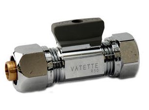 Vatette kulventil med vred och anslutningar för rörinstallation.