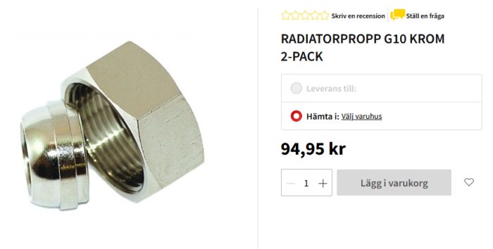 Kromad radiatorpropp G10 i 2-pack, visad bredvid pris och köpknapp på webbsida.