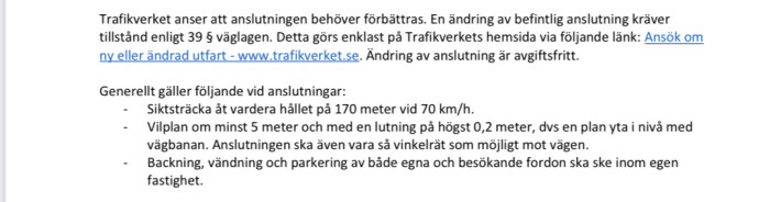 Skärmbild av ett inlägg med information från Trafikverket om anslutningsförbättringar och vägutformningsregler.