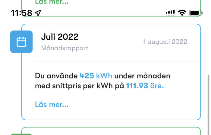 Skärmdump av månadsrapport med användning av 425 kWh till priset av 111.93 öre per kWh.