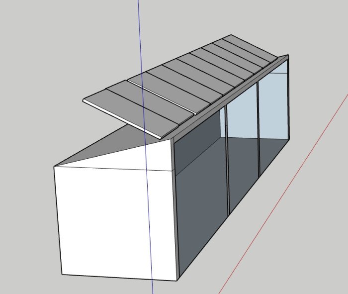 3D-modell av ett modernt enplanshus med lutande tak och stora fönster