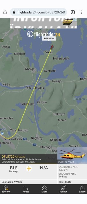 Flygradarbild som visar en luftambulans med anropssignal DFL5720 på väg mot Borlänge.