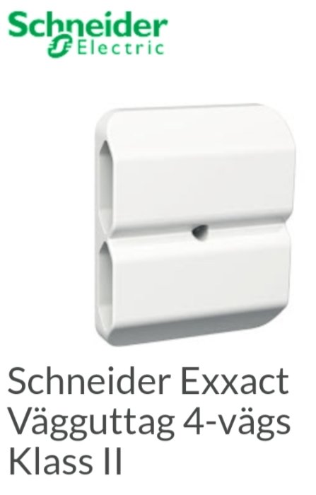 Vit Schneider Electric vägguttag för 4-vägar, Klass II, med företagslogotyp.