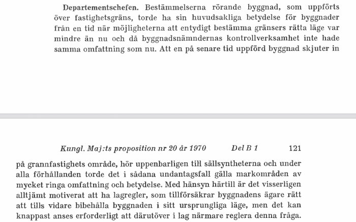 Svensk lagtext från 1970-talet angående bestämmelser för byggnad nära fastighetsgräns.