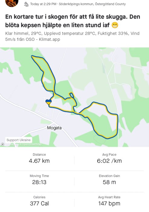 Skärmavbildning av träningsapp som visar löprunda på karta med statistik: 4,67 km, 28:13 min, 377 Cal, 147 bpm.