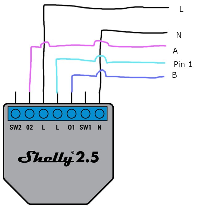 Schematisk bild som visar elanslutningar till en Shelly 2.5 enhet med etiketterade kablar för L, N, A, Pin 1 och B.