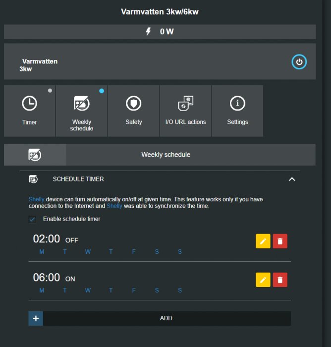 Skärmdump av en timerinställning för varmvattensystem, visar schemalagt OFF kl. 02:00 och ON kl. 06:00 för alla veckodagar.
