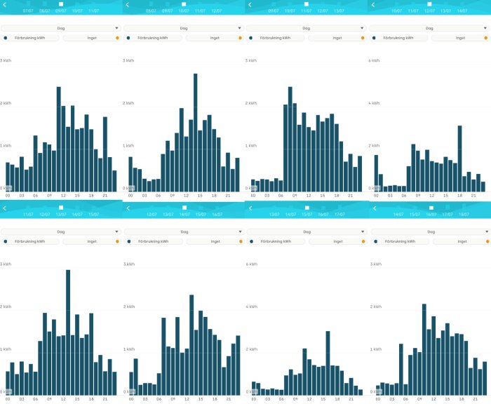 Översikt av stapeldiagram som visar förbrukningen av kWh över olika tider på dygnet.