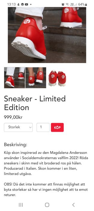 Röda sneakers med vit broderad ros och logotyp på hälen, inspirerade av ett politiskt parti, inga returer specificerat.