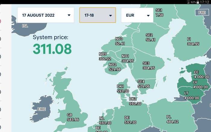 Karta över elpriset i Europa med priser i EUR för olika regioner vid tidpunkten 17-18 den 17 augusti.