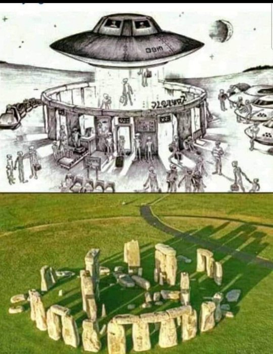 Illustration av Stonehenge som ett futuristiskt rymdskeppsdock på överdelen och det verkliga Stonehenge på underdelen.