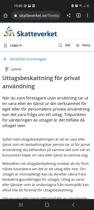 Screenshot av Skatteverkets webbsida om uttagsbeskattning för privat användning.