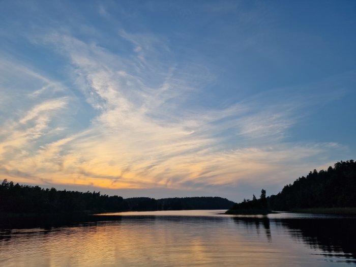 Solnedgång över en lugn sjö med skogslinje och reflektioner i vattnet.