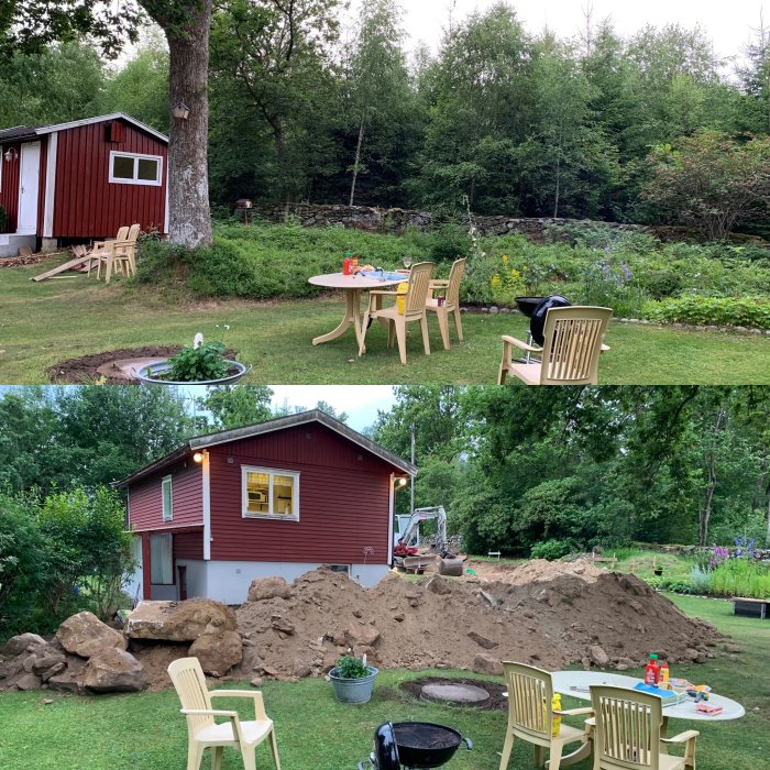 Före och efter bilder på trädgårdsrenovering med röd stuga, det undre fotot visar en grävmaskin och högar av jord och stenar.