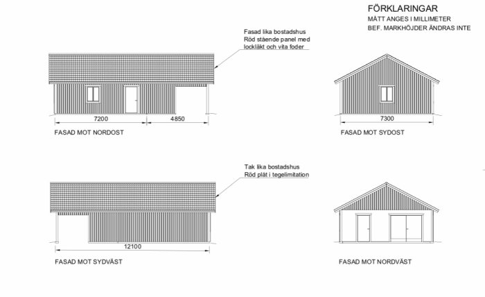 Arkitektritningar av ett garage med carport i flera vyer, specificerar mått och material likt huvudbostad.