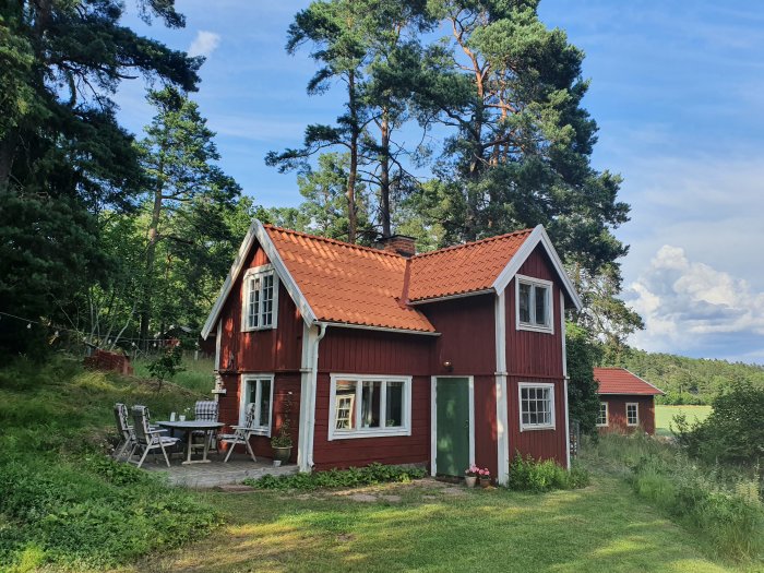 Rött traditionellt svenskt torp med vita knutar omgivet av grönska, blå himmel och uteplats.