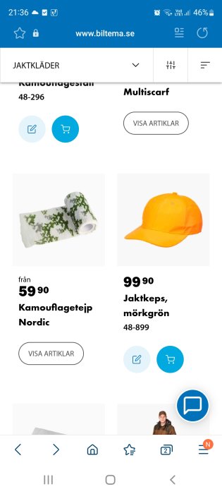 Kamouflageband och en orangefärgad keps som annonseras på en e-handelsida.