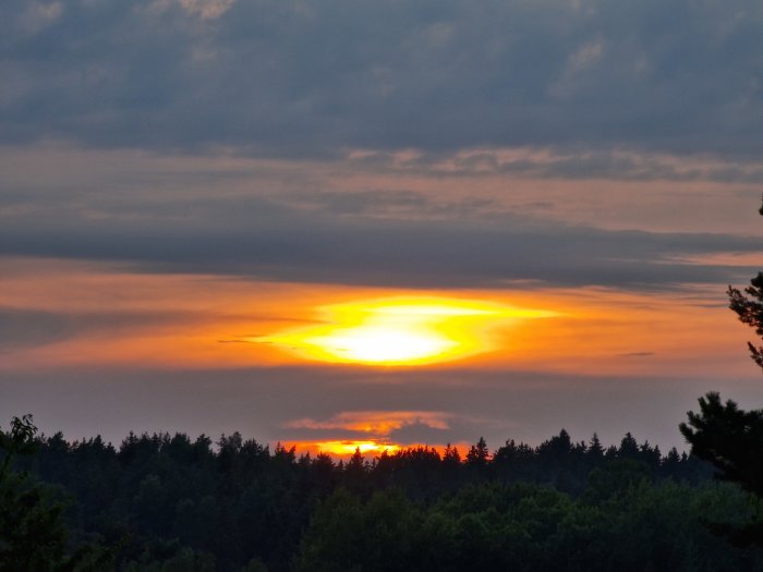 Solnedgång med strålande orange himmel över silhuetten av träd.