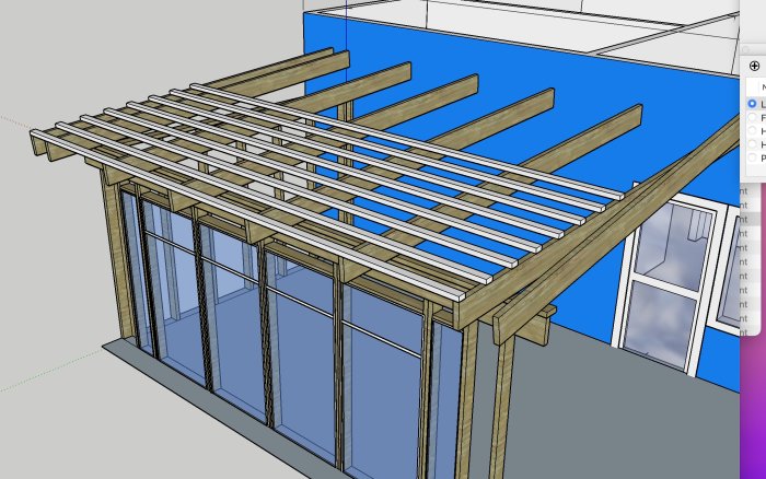 3D-modell av ett oavslutat trädäck med träram och stolpar mot en blå vägg.