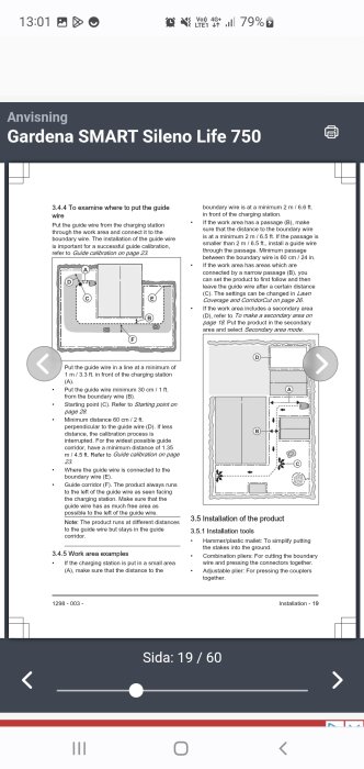 Illustration av installationsguide för gräns- och guidekabel till Gardena SMART Sileno Life 750 robotgräsklippare.