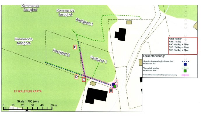 Karta som visar ledningsdragningar och fastigheter, markerad sträcka C-E av intresse för framtida garagebygge.