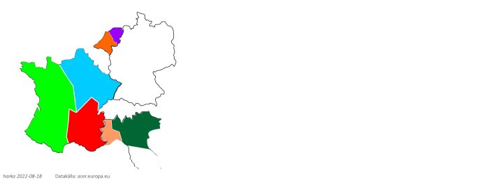 Färgkodad karta som visar förslag på nya elområdesindelningar i Sverige, baserat på ACER:s rapport.