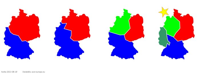 Fyra kartor som visar olika förslag på indelning av elområden i Sverige med färgkodning och stjärnmärkt alternativ.