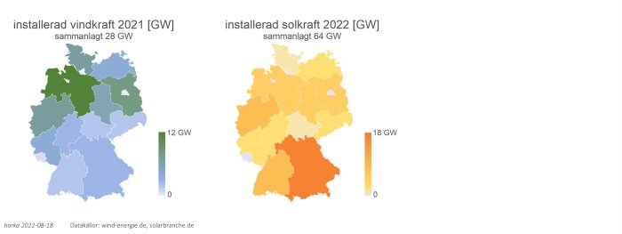 Kartor som visar installerad vindkraft 2021 och solkraft 2022 i Tyskland med färgkoder baserat på kapacitet i GW.