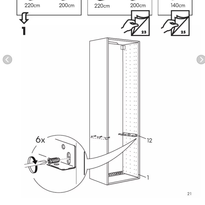 Illustration av en IKEA köksstomme med monteringsanvisningar för ugnskonsol och lådskenor.