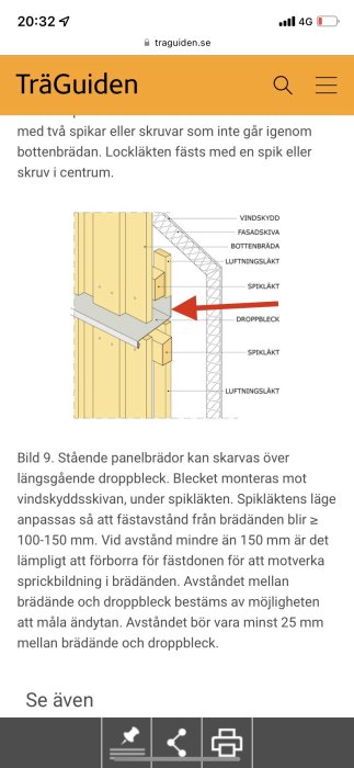 Illustration av hur panelbrädor skarvas över droppbleck med etiketterade delar som vindskydd och spiklåkt.