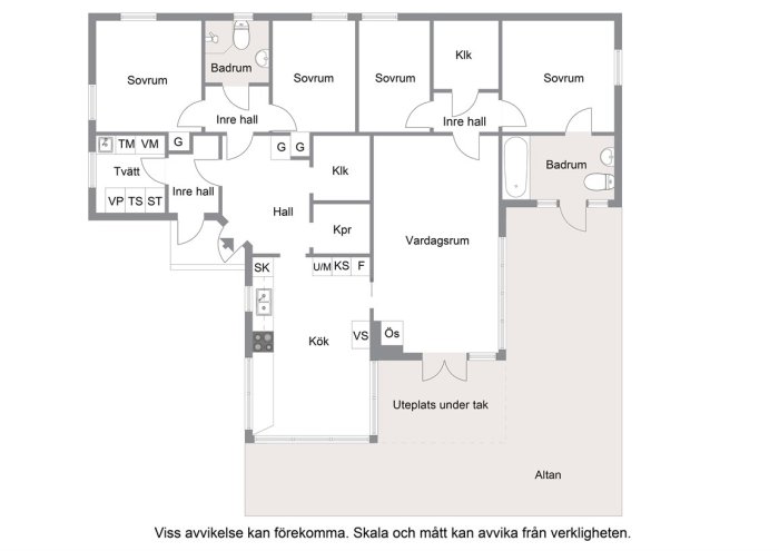 Planritning av ett hus med flera rum, badrum, kök och uteplatser, ej anpassat för solceller.