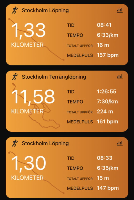 Tre olika träningssammanfattningar för löpning och terränglöpning med distans, tid, tempo, höjd och medelpuls.