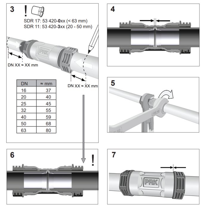 Instruktionsbilder för mätning och installation av rör med en kompensationshylsa och verktyg.