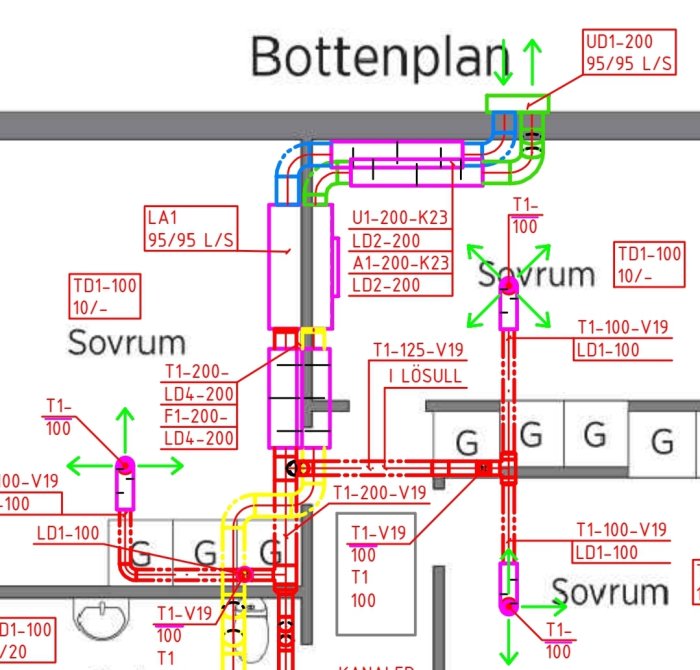 Ritning över bottenvåning med färgkodade ventilationsvägar och benämningar markerande ljudämpare, aggregatposition och ledningar.