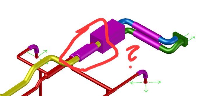 3D-schematisk bild av ventilationssystem med färgkodade rör och ett värmeåtervinningsaggregat.