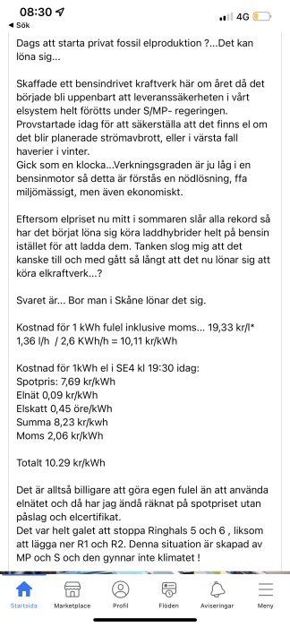 Skärmbild av en diskussion angående privat elproduktion jämfört med höga elpriser.