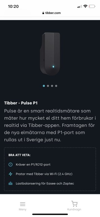Tibber Pulse P1 smart realtidsmätare för hemmets elförbrukning visas på en mobilskärm med beskrivning och funktioner.