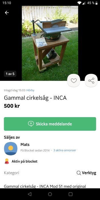 Gammal INCA cirkelsåg och manual på träbord utomhus till salu.