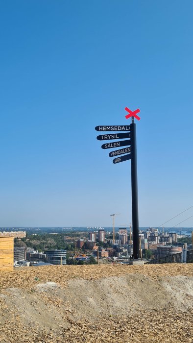 Utsikt från Hammarbybacken med skyltstolpe som visar avstånd till skidorter och en röd kryssmarkering.