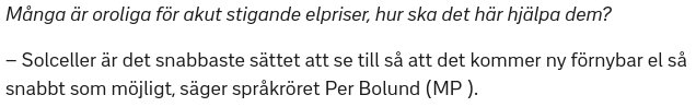 Citat i artikel där Per Bolund förespråkar solceller som lösning på höga elpriser.