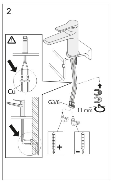 Illustration av installation av köksblandare med markerade varma och kalla anslutningsslangar.