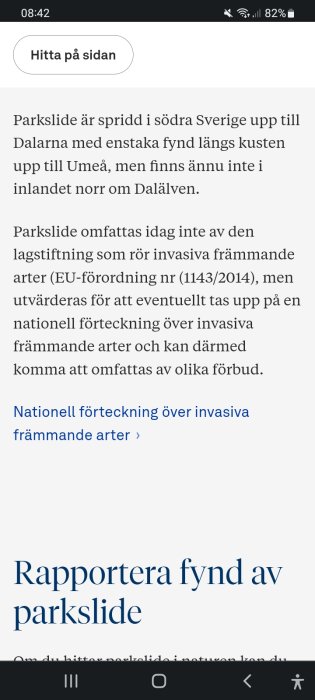 Skärmdump av diskussionstråd om parksides utbredning och lagstiftning gällande invasiva arter i Sverige.