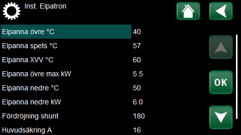 Inställningsmeny för elpatron på en värmeanläggning med temperaturvärden och justeringsalternativ.