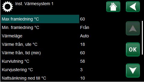 Inställningsmeny för värmesystem med temperaturvärden och driftslägen visas på en digital skärm.