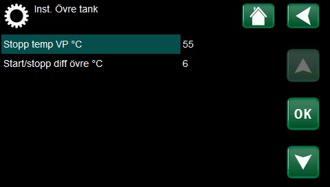 Gränssnitt för värmesystem inställningar med värden för "Stopp temp VP °C" 55 och "Start/stopp diff övre °C" 6.